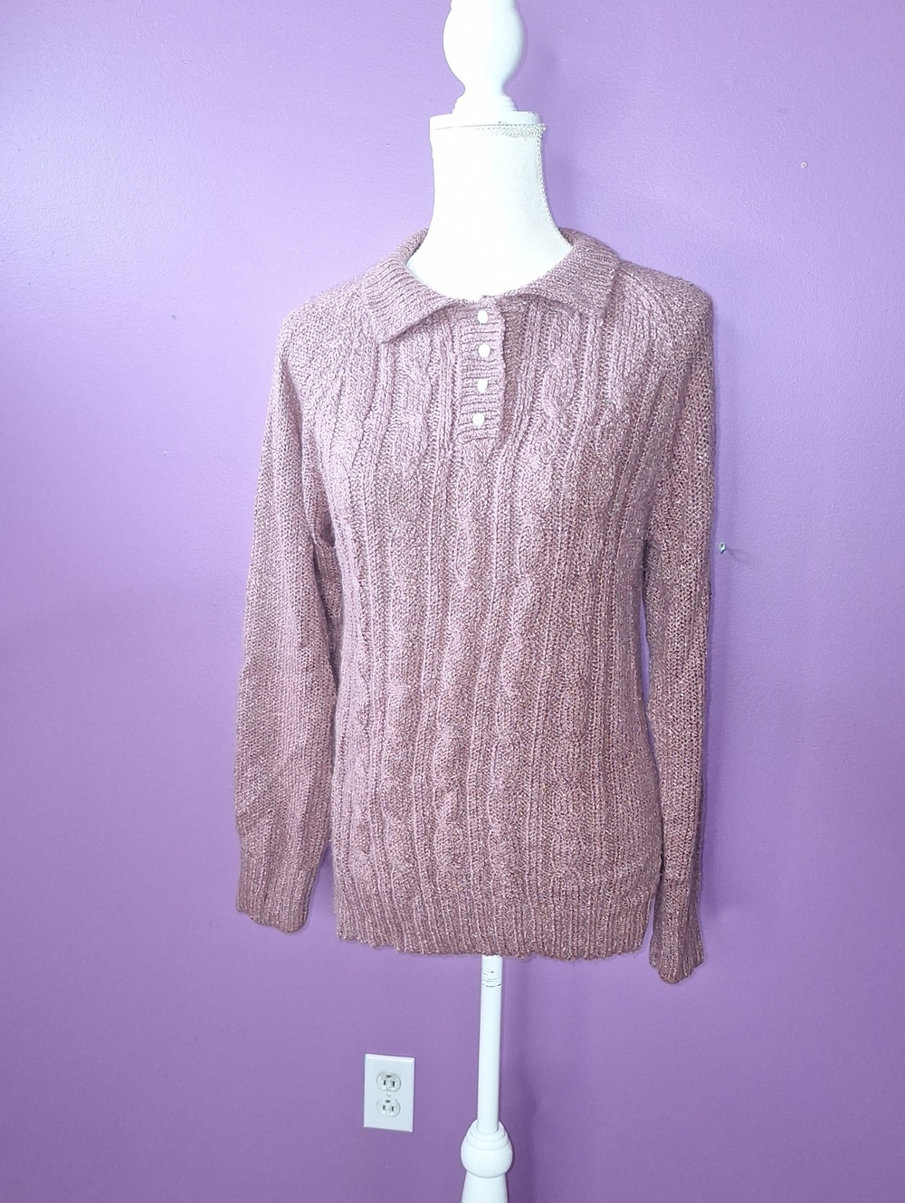 Liz Thomas Vintage Polo Sweater in Dusty Mauve With Pearl Buttons